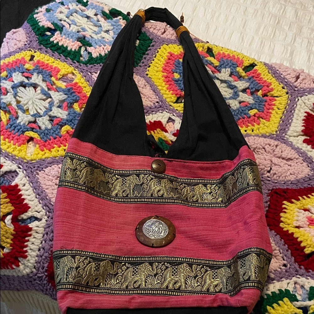Pink and Black Women's Bag with Gold Accents